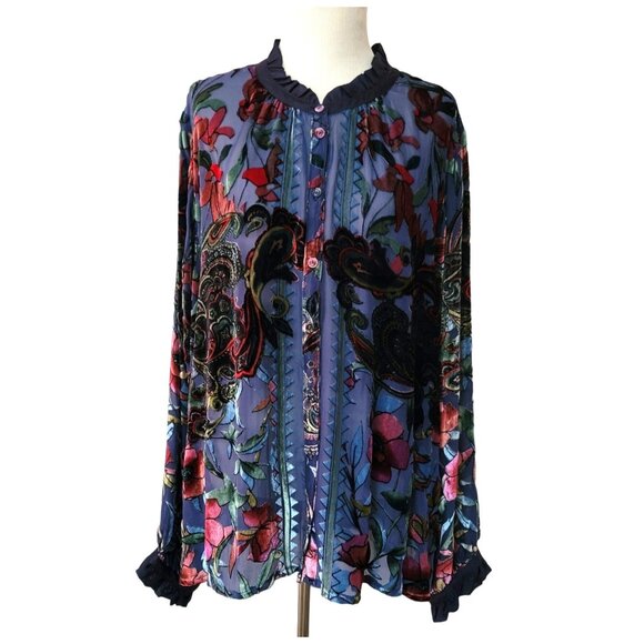Johnny Was CLARA BURNOUT LEDA BUTTON DOWN Top Shirt Embroidered Floral Navy XL - Picture 1 of 16